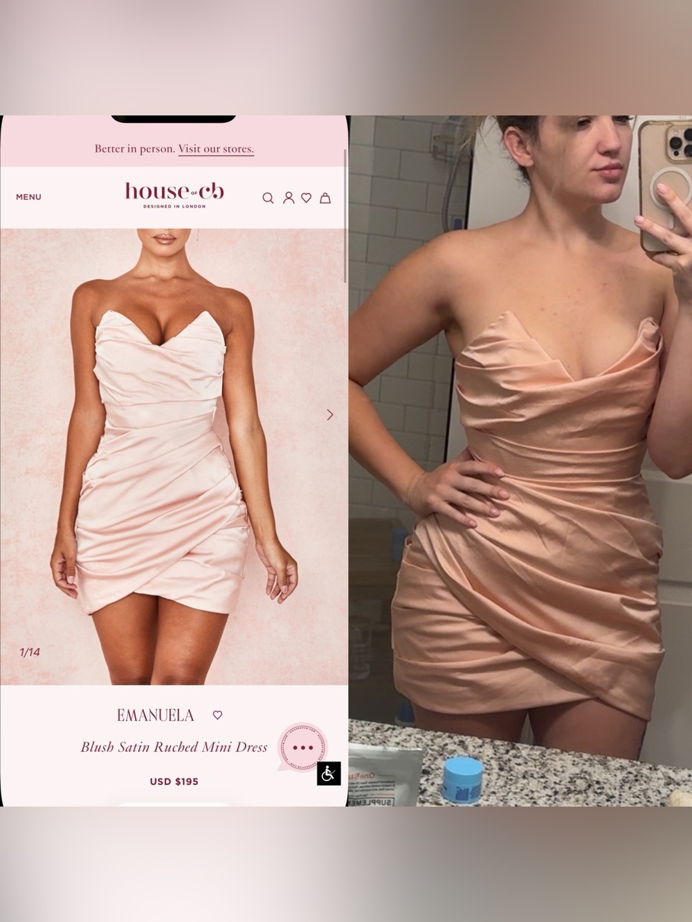 House of CB Blush Satin Draped Ruched Mini Dress